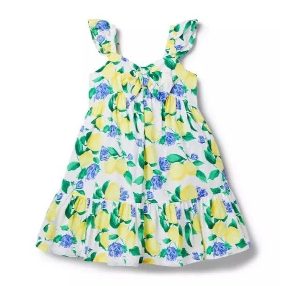 Janie and Jack White Lemon and blue flowers flutter sleeve dress size 8